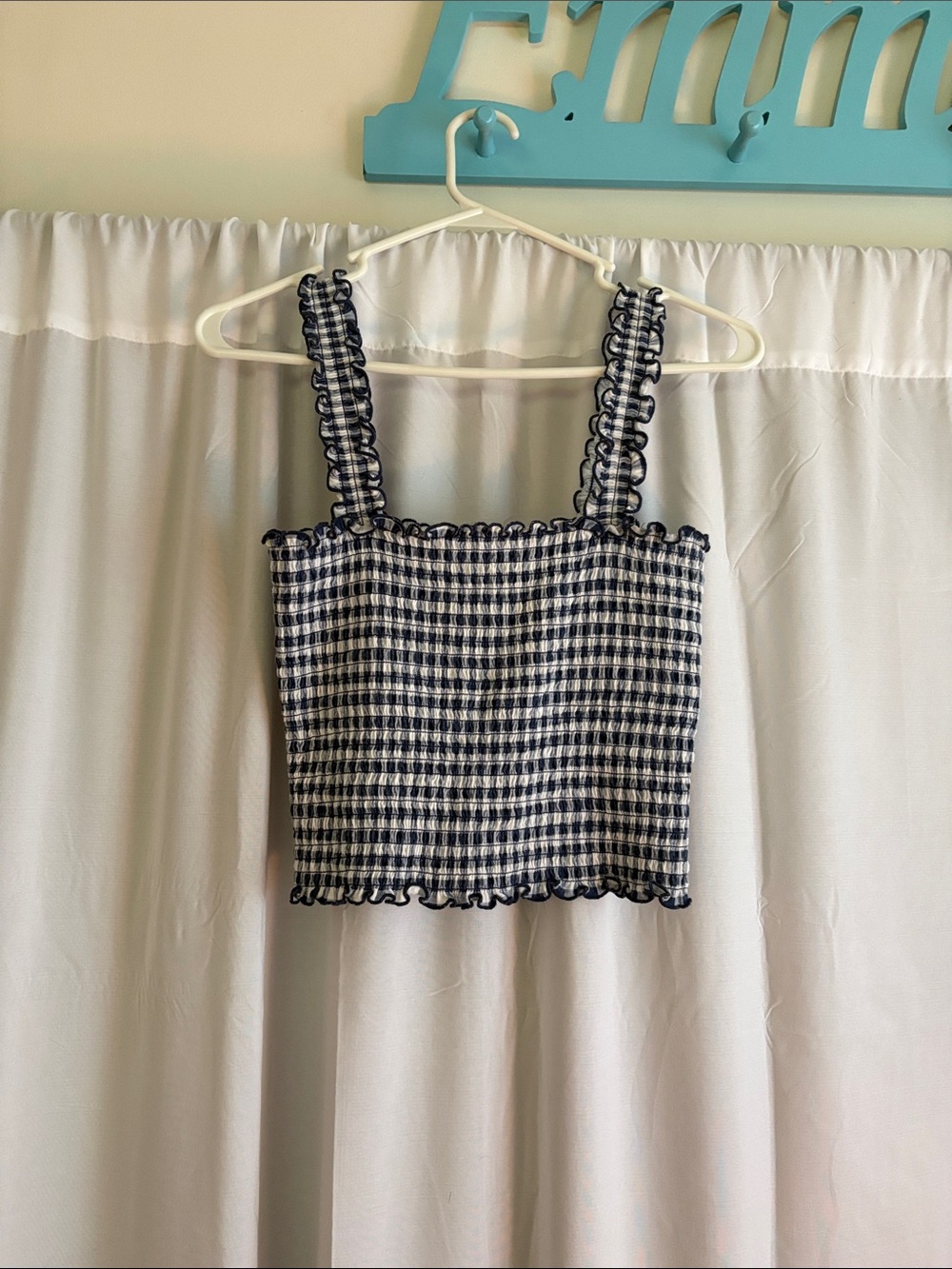 Arizona Jean Company Navy & White Gingham Smocked Crop Tank